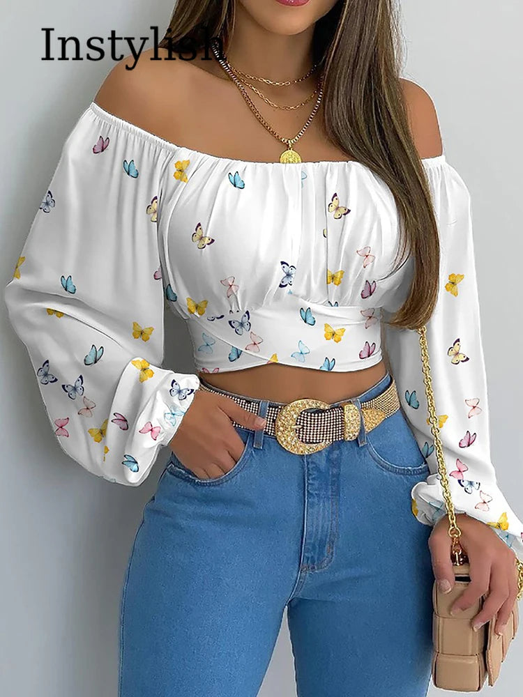 Blusa con Hombros Descubiertos y Lazo de Manga Larga