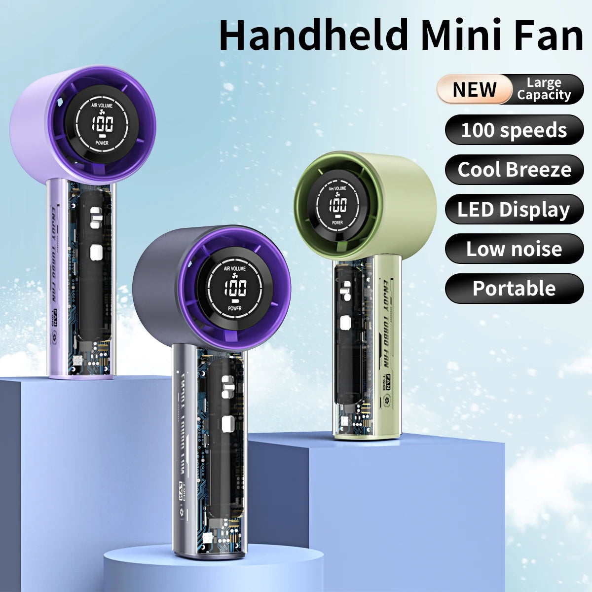 Ventilador de mano digital turbo de alta velocidad con 100 niveles ajustables, silencioso, portátil, botones físicos mecha transparentes
