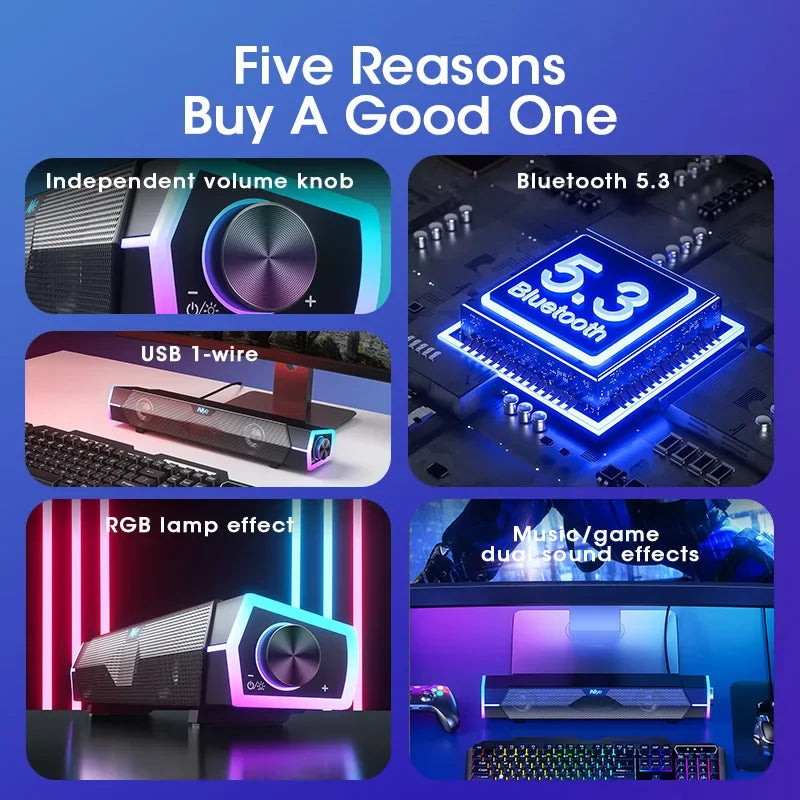 Barra de Sonido Bluetooth 5.0 para PC con Subwoofer y Luces RGB