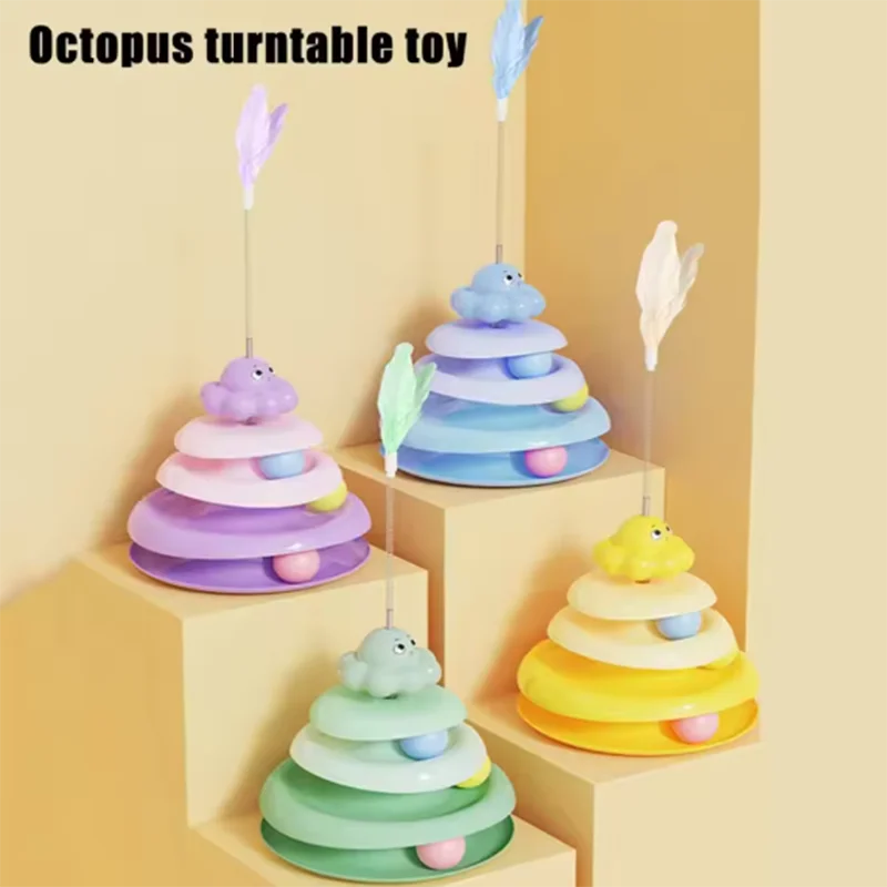 Bola de tres capas para mascotas, plato giratorio para gatos en forma de pulpo, palo para gatos para aliviar el aburrimiento, juguetes, juego de rompecabezas divertido, suministros para mascotas