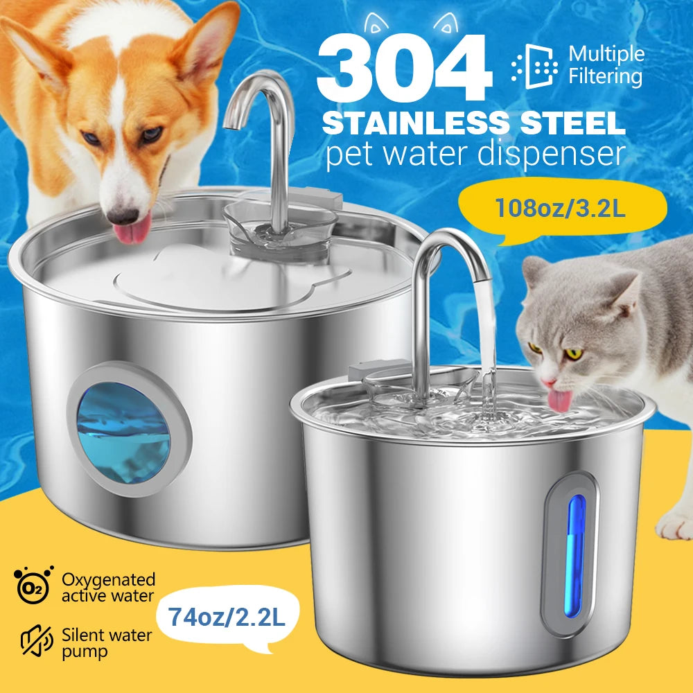 Fuente de Agua para Mascotas Acero Inoxidable 2.2L