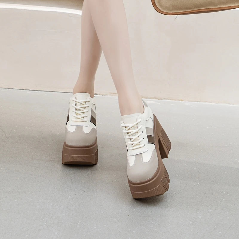 Zapatos de Tacon Alto con Plataforma para Mujer - Cuero con Cordones