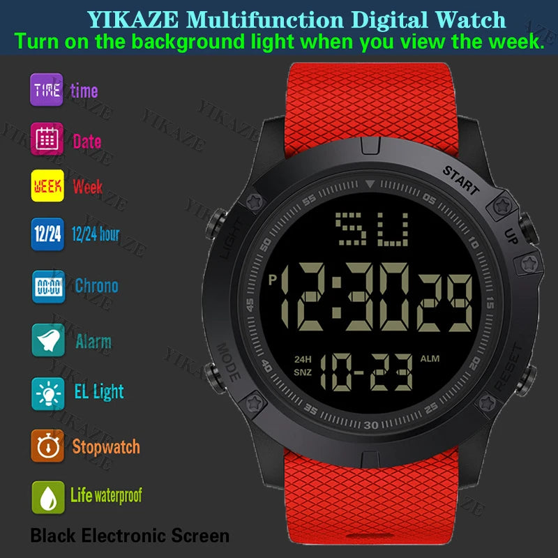 Relojes deportivos para hombre, esfera negra, reloj deportivo militar multifunción, reloj electrónico Digital LED resistente al agua para hombre y niño