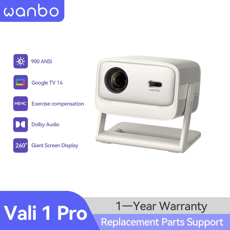 Wanbo Vali 1 Pro Proyector con Google TV 14, MEMC y Dolby, 900 ANSI, 1080P, HDR10, 2+32G, ≤28dB, ASA 3.0, HDMI 2.1