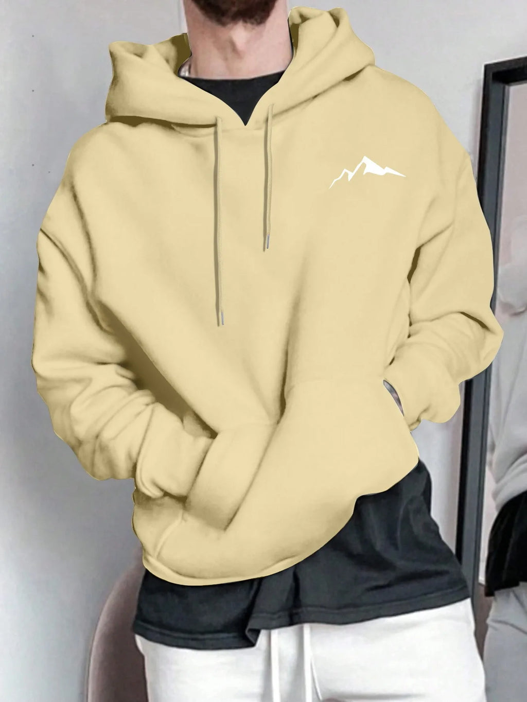 Sudadera con capucha de manga larga con estampado gráfico de montaña, informal, holgada, para hombre, de otoño e invierno, cálida.