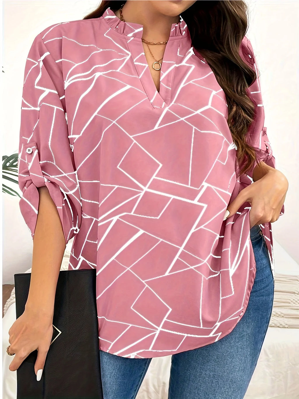 Blusas Elegantes de Talla Grande para Mujer, Cuello en V, Manga Larga, Informal