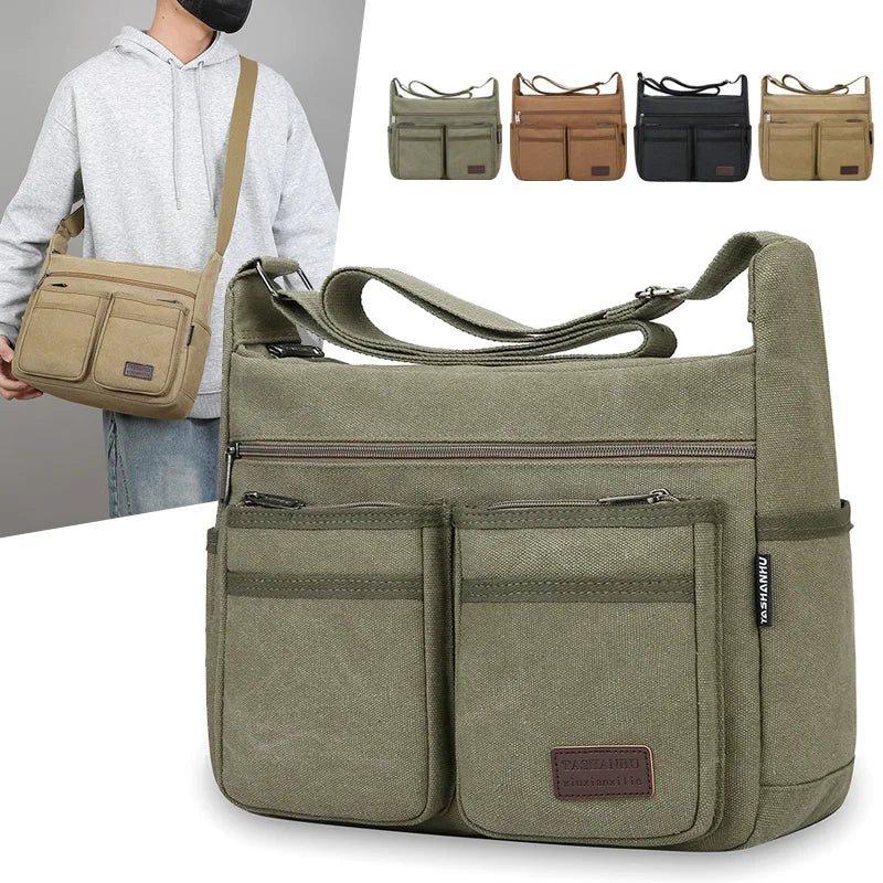 Bolso cruzado informal de negocios neutro: correas ajustables para los hombros, múltiples compartimentos con cremallera, paño de poliéster negro duradero