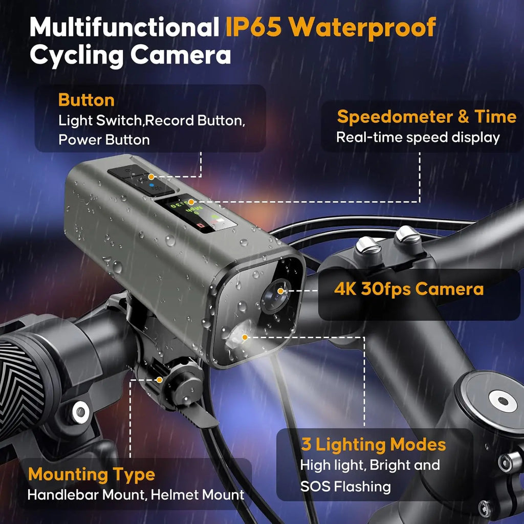 Cámara GPS 4K para bicicleta con faro, ordenador de ciclismo y velocímetro, acción deportiva DV, 64GB, Control por aplicación, resistente al agua IP65