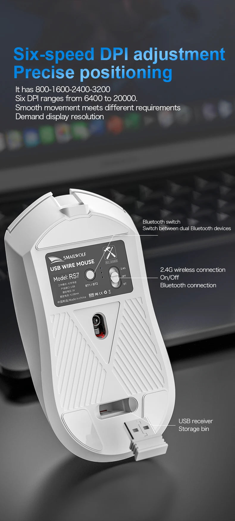 SMAILWOLF RS7 Bluetooth ratón inalámbrico para juegos PAW3311 controlador macro ordenador portátil ordenador de escritorio juego de oficina 20000dpi