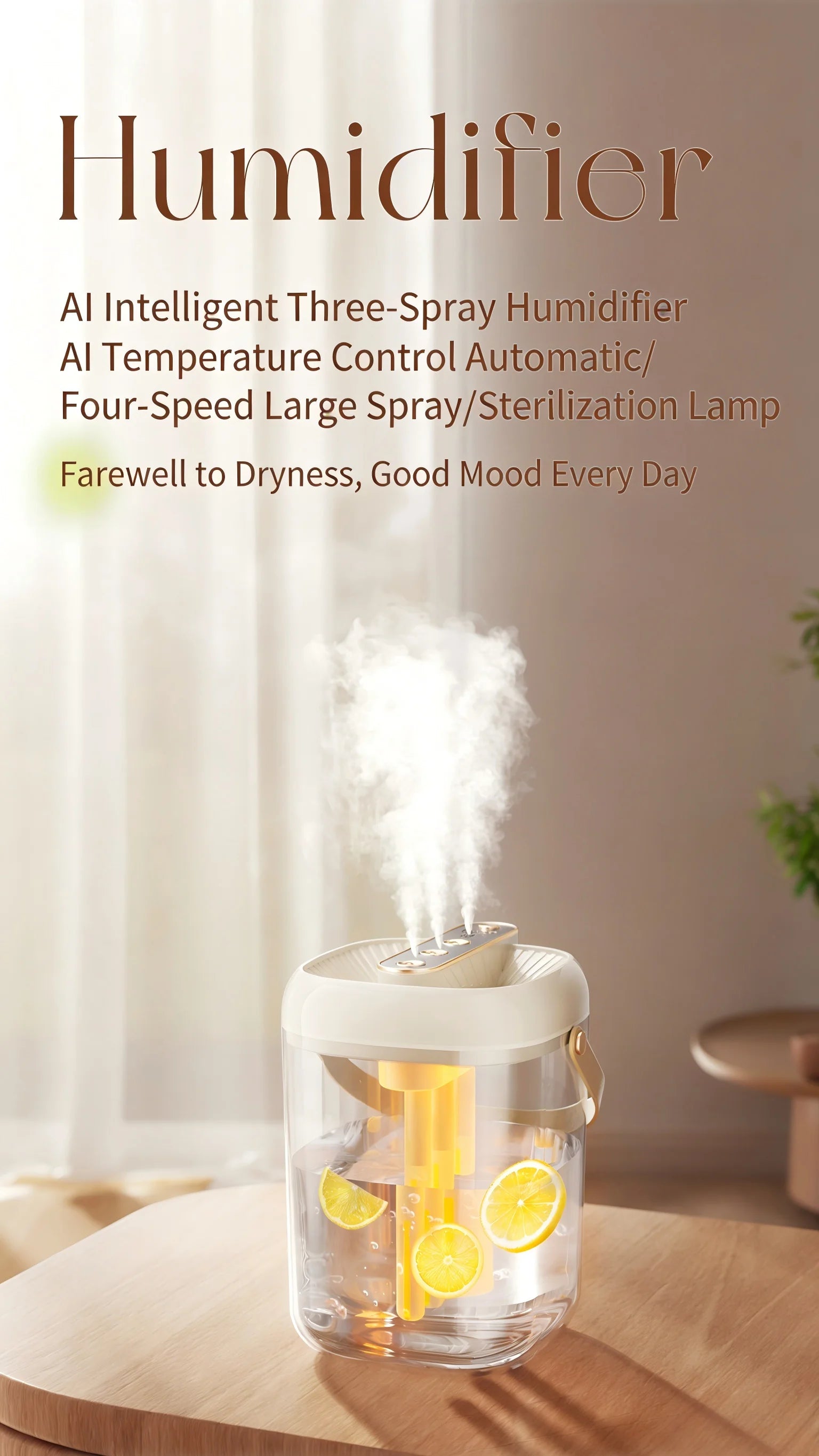 Humidificador Inteligente de 3 Pulverizaciones - Tanque de Agua de Gran Capacidad de 2L, Luz Nocturna Cálida, Protección Contra la Falta de Agua, Ajuste de Niebla de 4 Velocidades