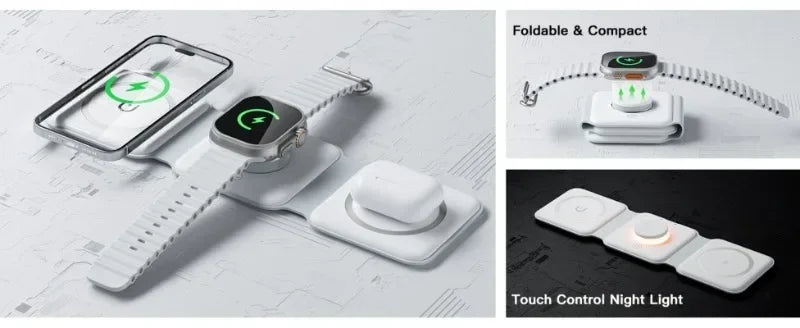 Cargador Inalámbrico Plegable 3 en 1 de Carga Rápida para Escritorio, Compatible con iPhone 17 16 15 14 13 Pro Max, iWatch 10 9 8 7 6, AirPods Pro 2