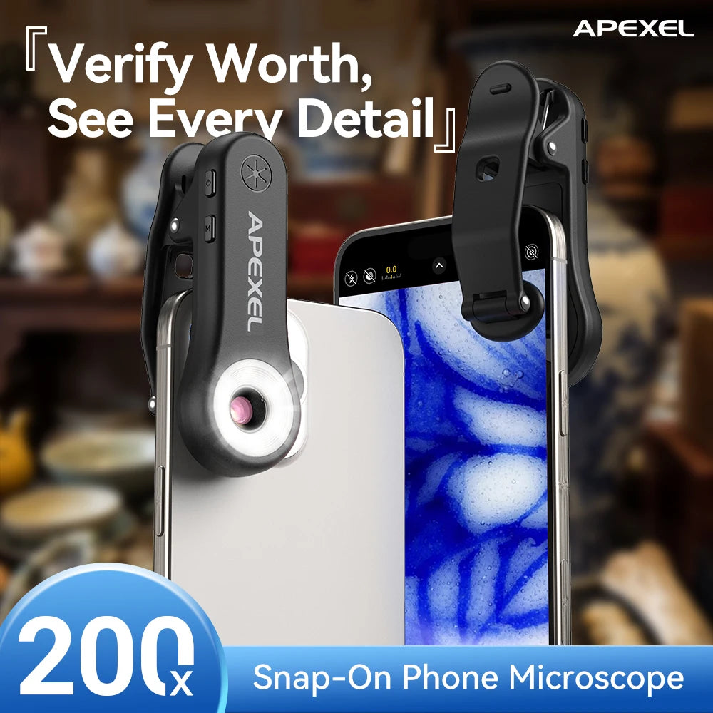 Lente Microscopio 200X APEXEL con Luz LED para Smartphones