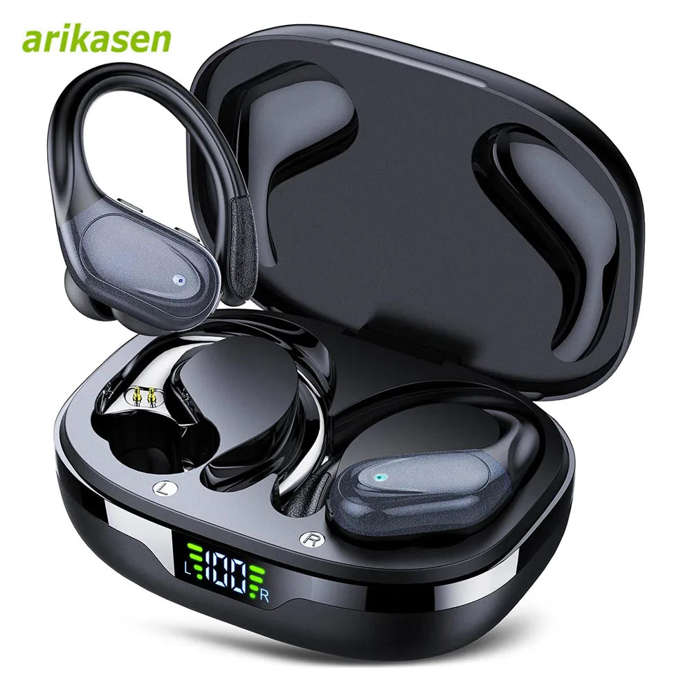 Auriculares inalámbricos deportivos Bluetooth 5,3 con micrófono con cancelación de ruido 75H estéreo HiFi sobre la oreja pantalla LED USB-C IPX6