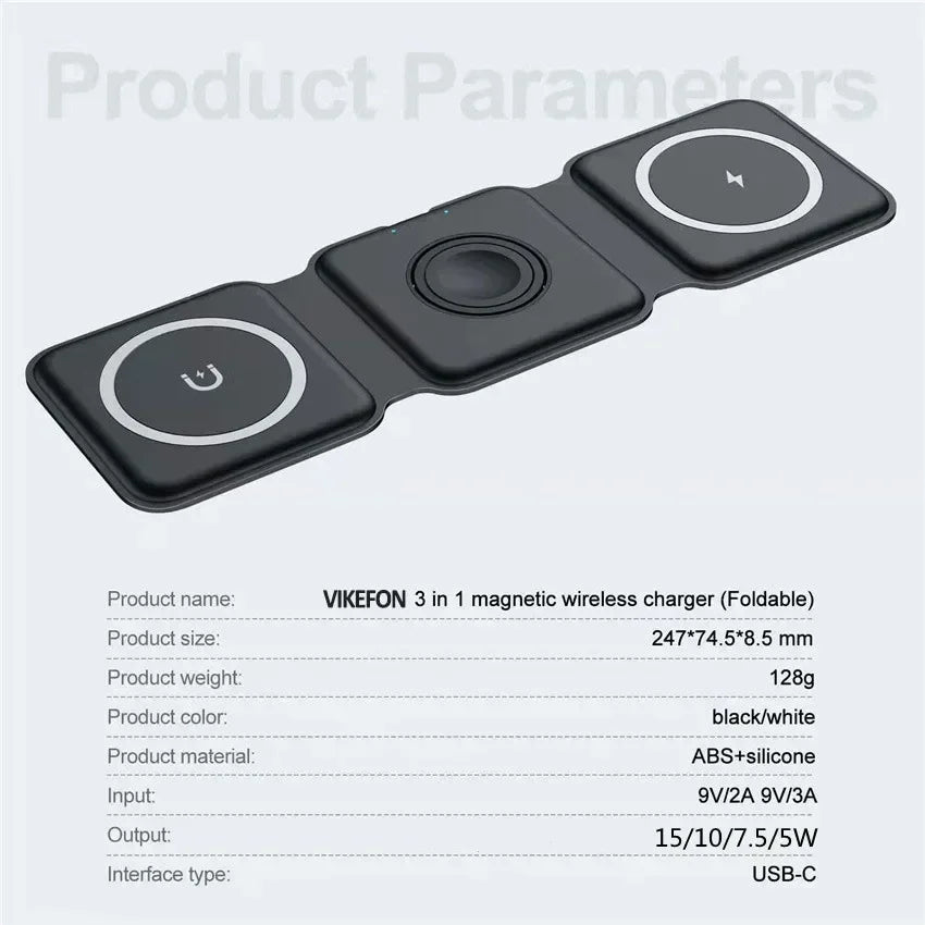 Cargador Inalámbrico Plegable 3 en 1 de Carga Rápida para Escritorio, Compatible con iPhone 17 16 15 14 13 Pro Max, iWatch 10 9 8 7 6, AirPods Pro 2