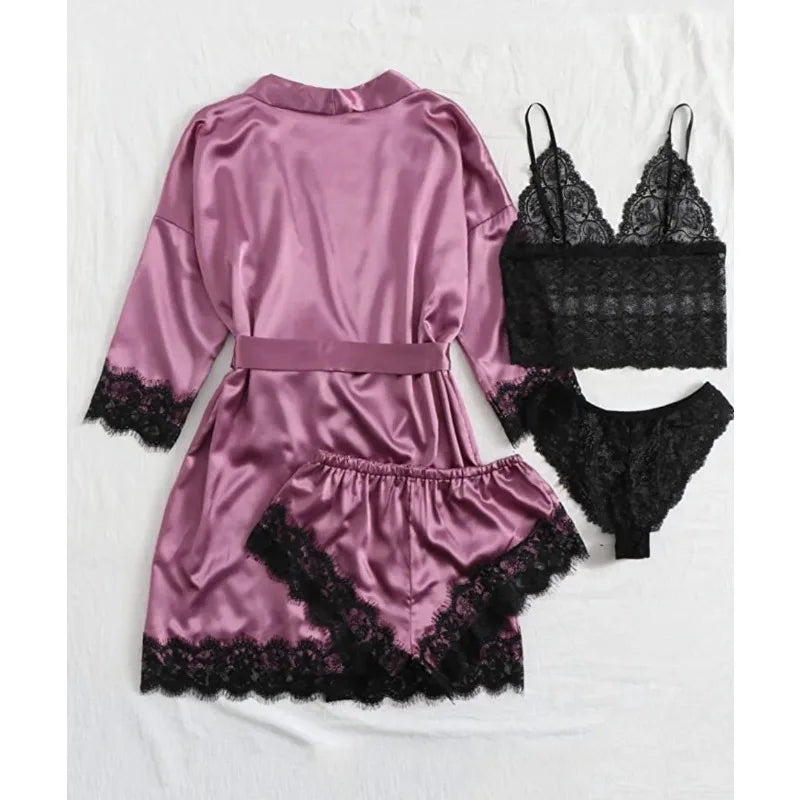Conjunto Pijama de Satén 4 Piezas con Bata - Top con Encaje para Mujer