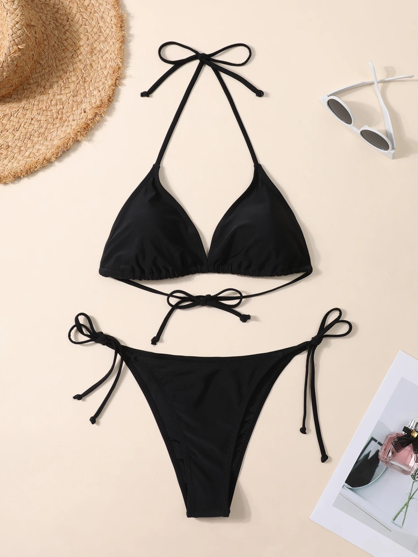 Conjunto de bikini sexy negro, cuello halter con lazo, pantalones de talla ajustable, perfecto para vacaciones, regalo para amigos, esencial para viajes a la playa