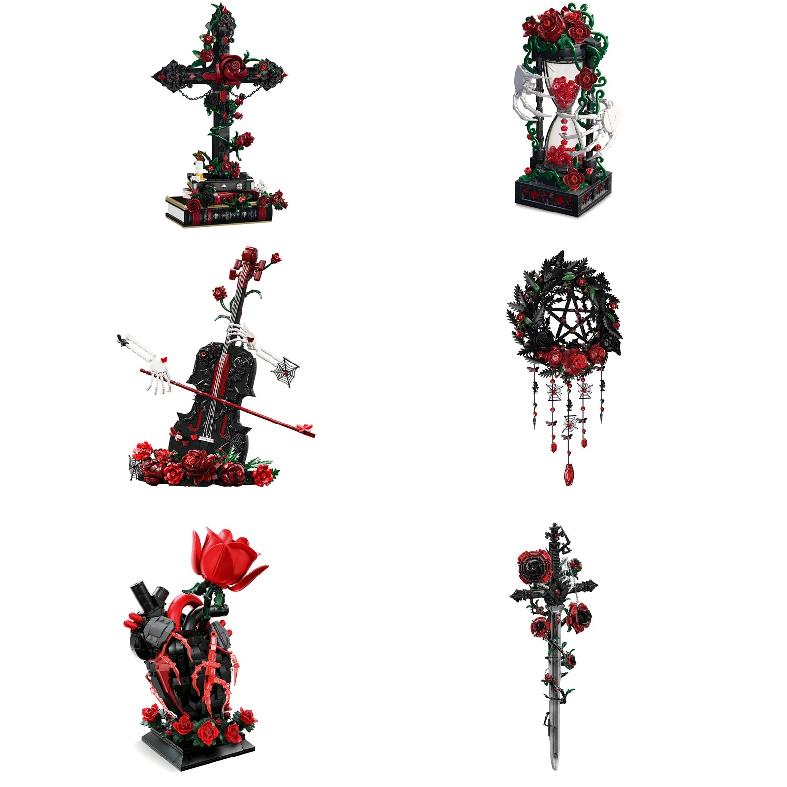 Set de Bloques de Construcción de Violín con Corona de Rosas y Cruz de la Serie Noche Gótica, Modelo MOC, Juguete de Ensamblaje, Adorno de Escritorio, Regalo de Cumpleaños