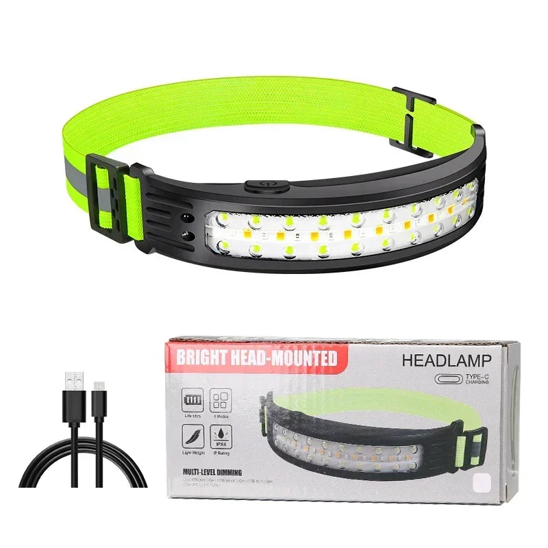 Linterna Frontal LED COB Recargable USB-C con Sensor, Impermeable