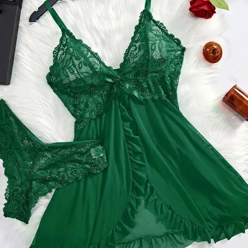 Conjunto de 2 Piezas de Camisón de Encaje para Mujer, Ropa de Dormir Elegante, Nuevo Pijama Verde Nocturno, Camisón Transparente con Abertura, Conjunto de Brasier y Panty con Cuello en V