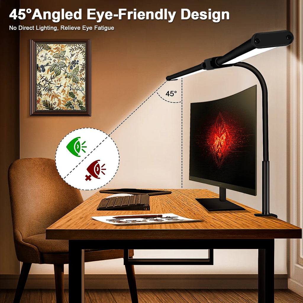 Lámpara de Escritorio LED de Doble Cabezal con Clip, Lámpara de Mesa para Arquitectos, Iluminación para Oficina en Casa, 3 Modos de Color y 10 Niveles de Intensidad, Lámparas de Escritorio con Protección Ocular