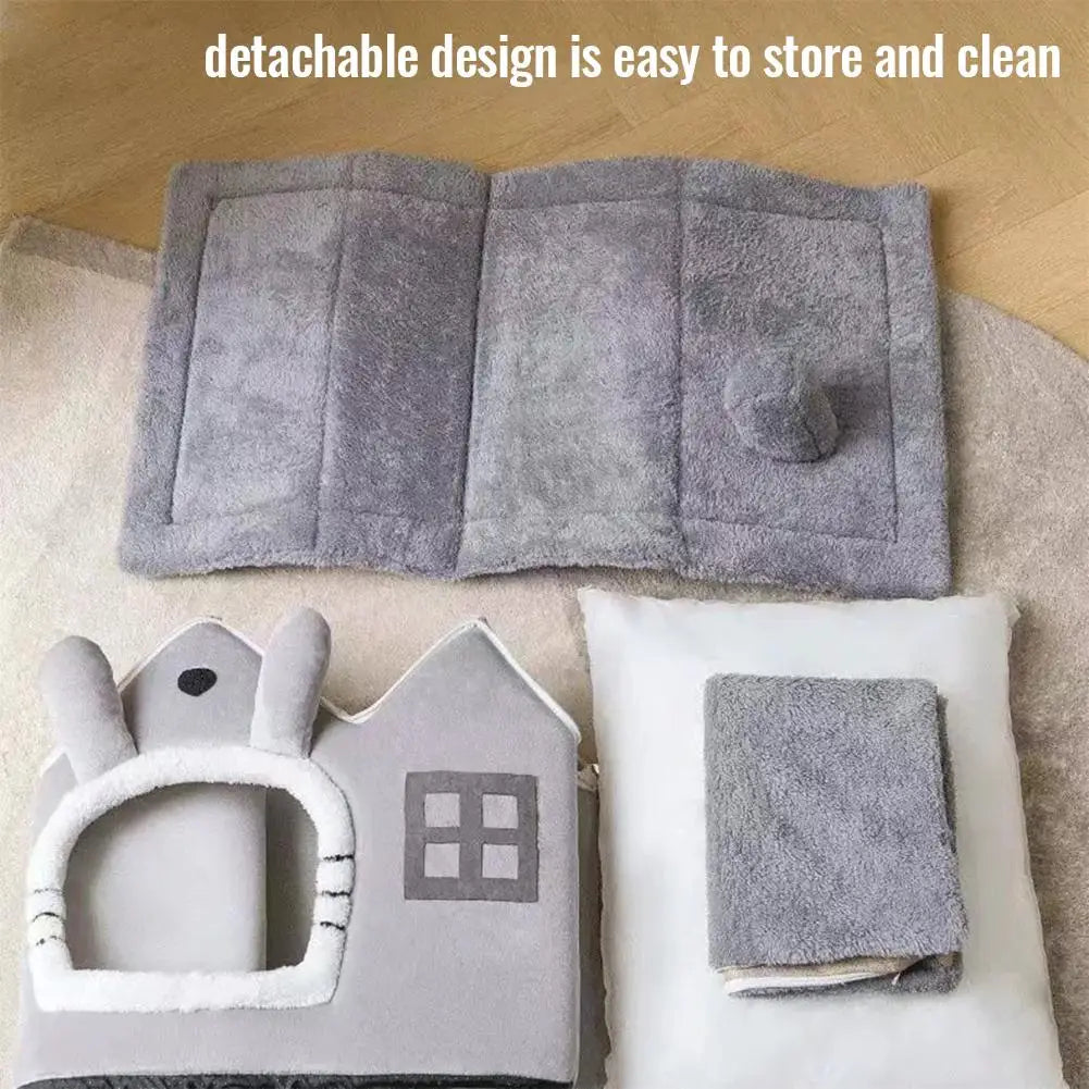 Casa Plegable para Mascotas con Doble Techo y Alfombra Cálida
