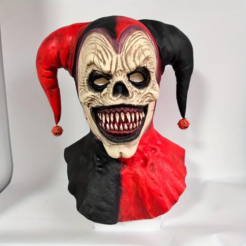 Máscara de payaso amenazante con cuernos, calavera sangrante, Halloween para fiestas de disfraces, casas embrujadas con pendientes de campana, colgantes de calabaza