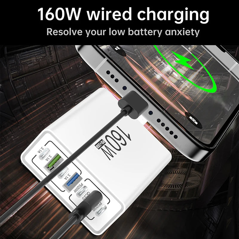 Cargador Rápido 160W 7 Puertos USB y USB-C, QC3.0, Pared Universal