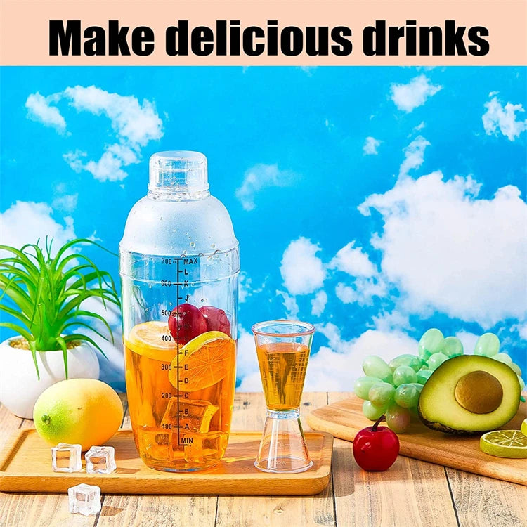 LMETJMA-Juego de coctelera de plástico, mezclador de bebidas con marcador, coctelera transparente y Jigger de medición, taza de onza JT25