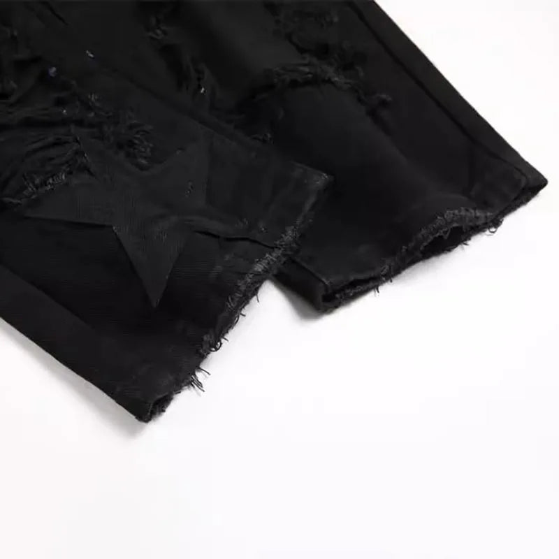 Pantalones Vaqueros Negros Rasgados Retro para Hombre, Pierna Recta