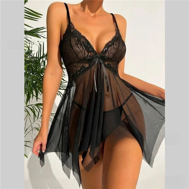 Camisón de Encaje y Malla Sexy Babydoll para Mujer