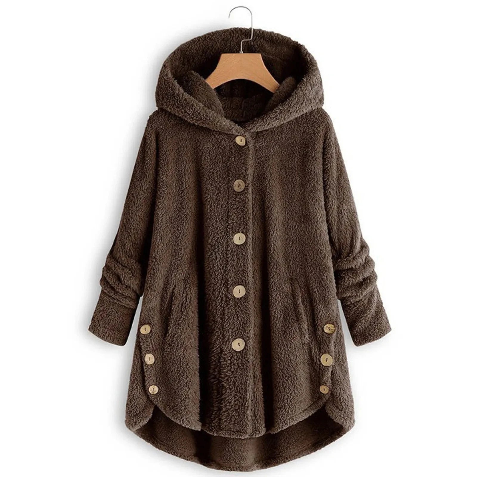 Abrigo de felpa con capucha para mujer, color sólido