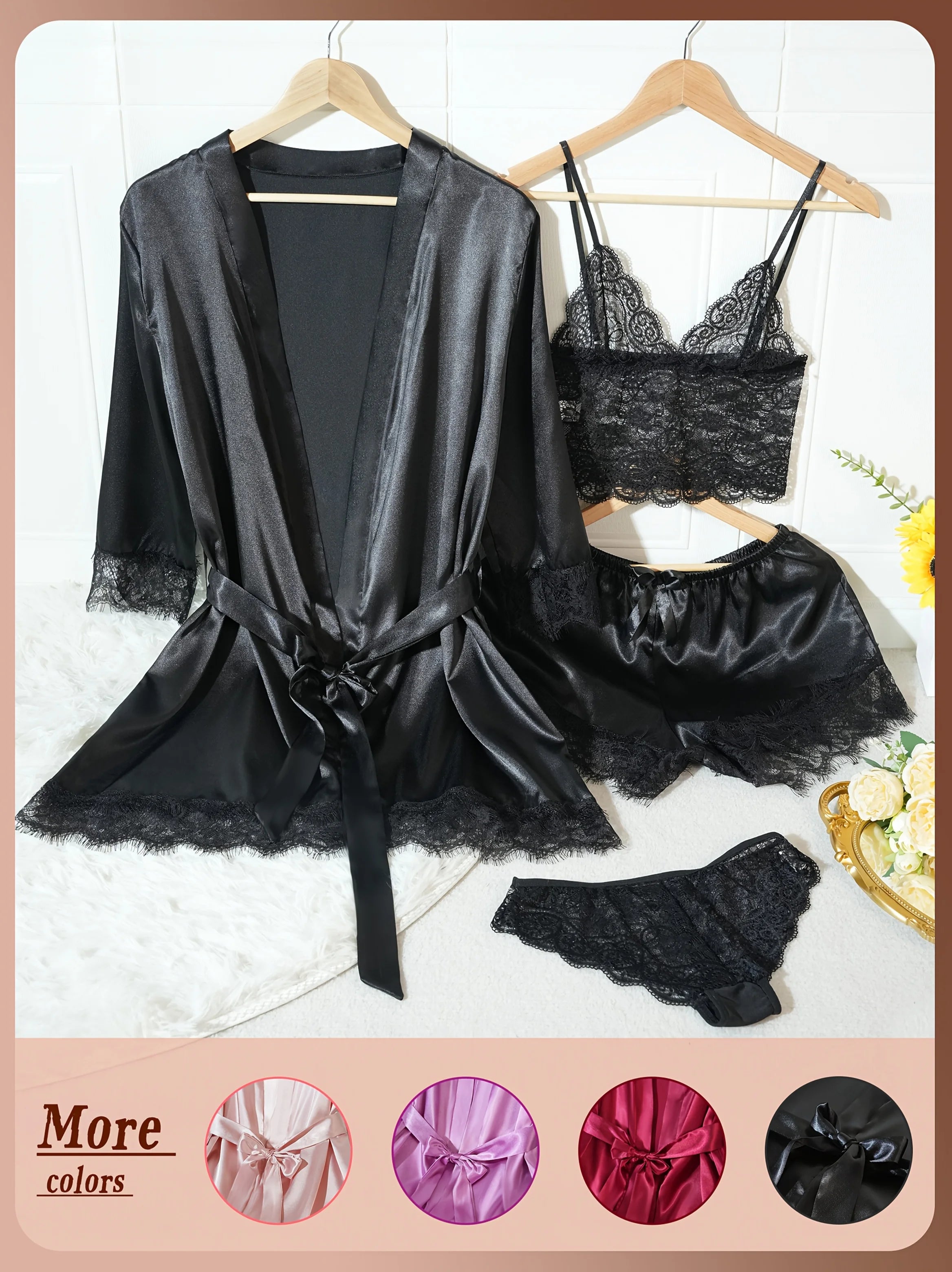 Conjunto de Pijama de Satén para Mujer 4 Piezas con Bata y Encaje