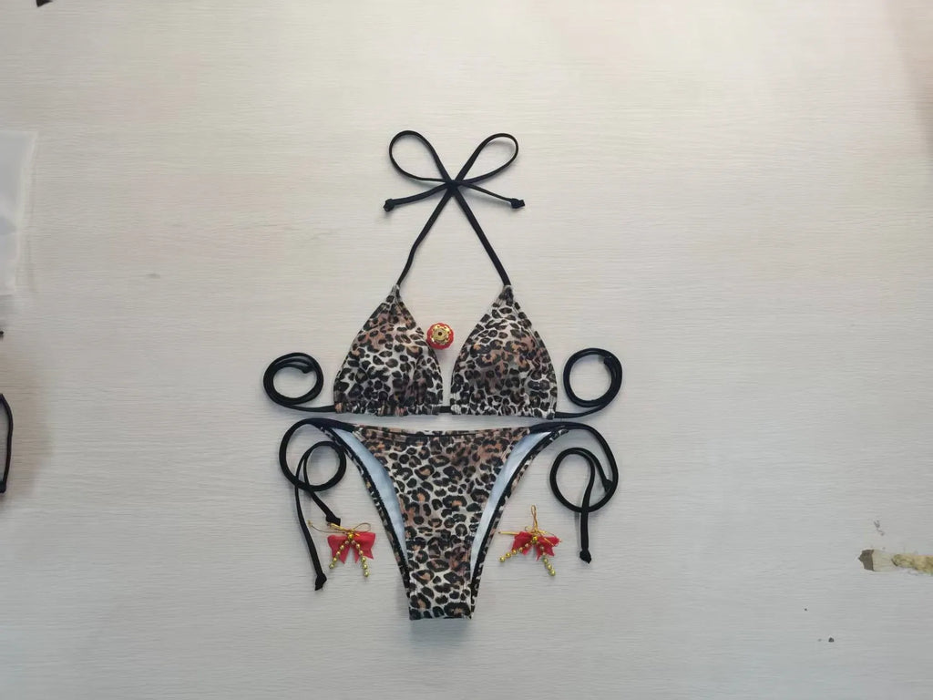 Bikini elegante con estampado de leopardo y espalda descubierta para mujer, traje de baño europeo y americano, diseño sexy, ropa de playa de verano