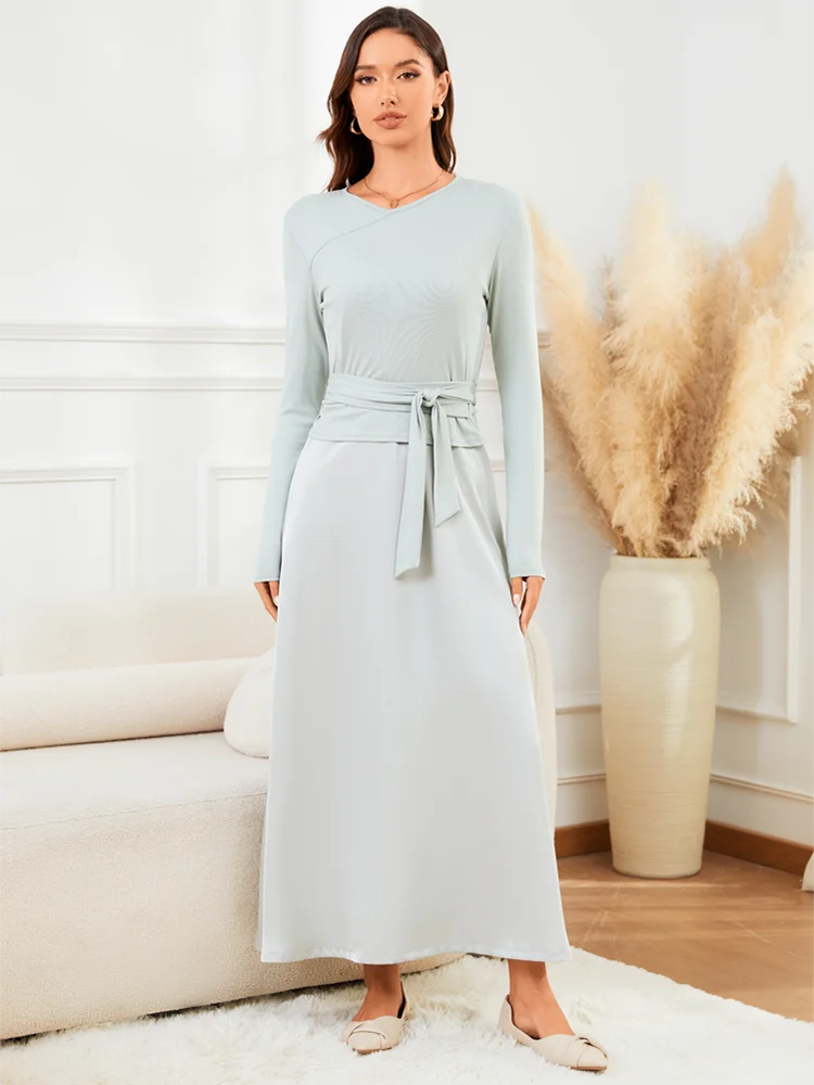 VEITCHE 2025 moda mujer vestido largo traje de algodón con cuello en V Top de punto con cinturón + falda larga de tirantes de Color sólido satinado
