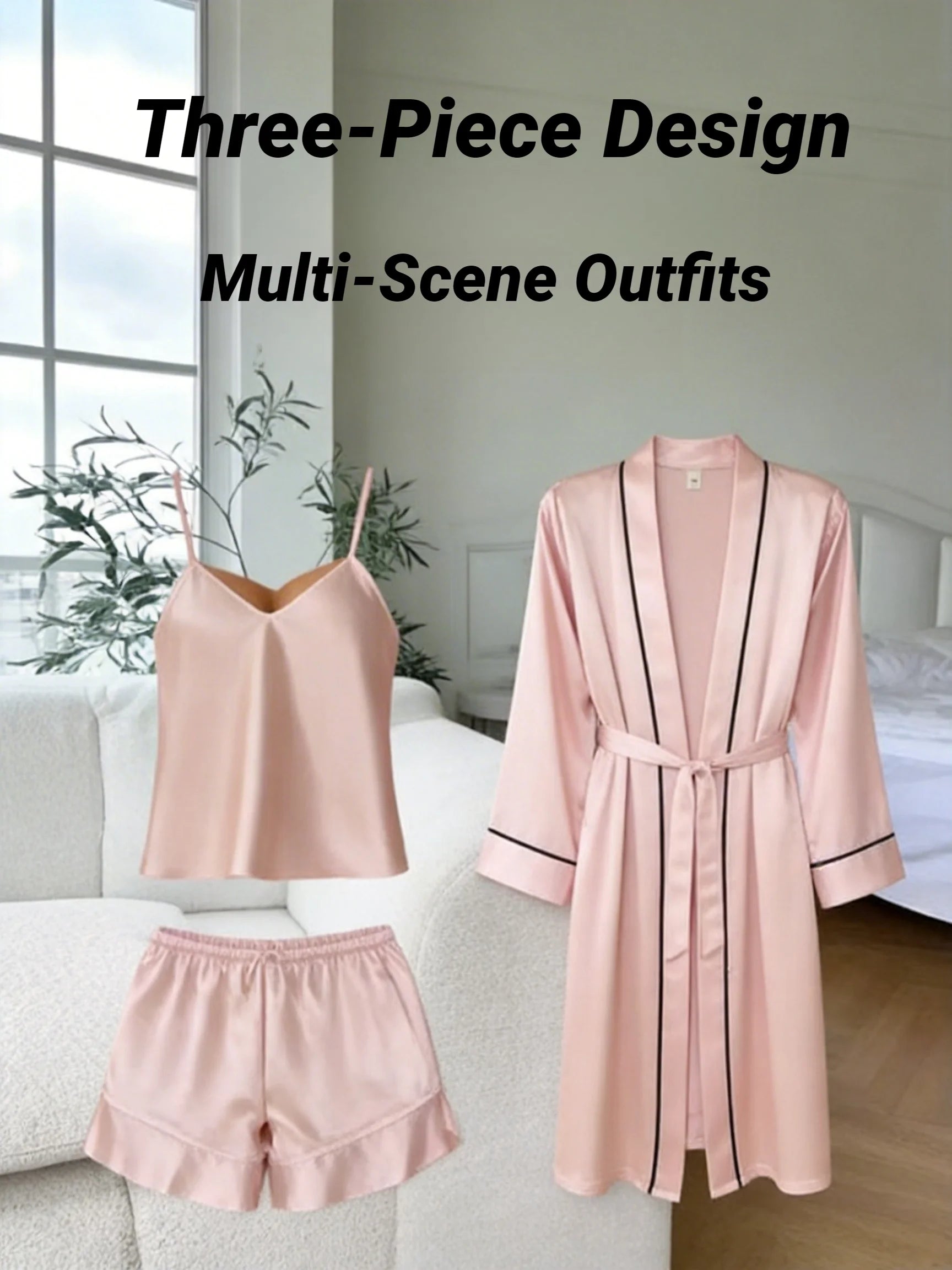 Conjunto Pijama de Satén 3 Piezas con Bata – Ropa de Dormir Mujer