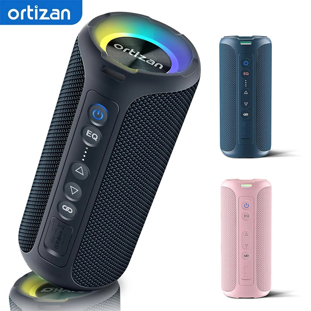 Altavoces Bluetooth Ortizan, altavoz estéreo inalámbrico portátil - IPX7 resistente al agua, sonido fuerte, graves profundos, luz LED, Bluetooth 5.3