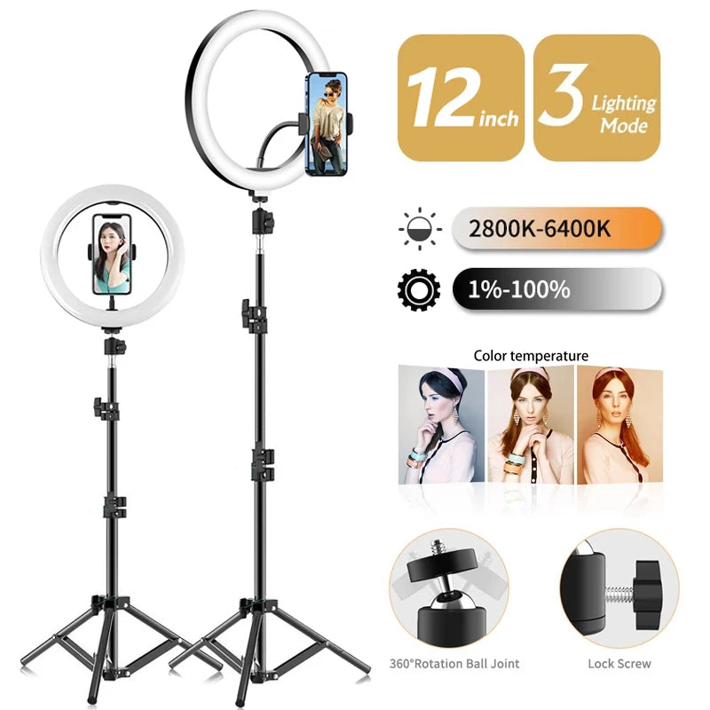Anillo de luz para Selfie de 33cm, trípode LED de 12 pulgadas, soporte para teléfono, anillo de fotografía, luz de relleno circular, lámpara Led de Color, maquillaje Trepied