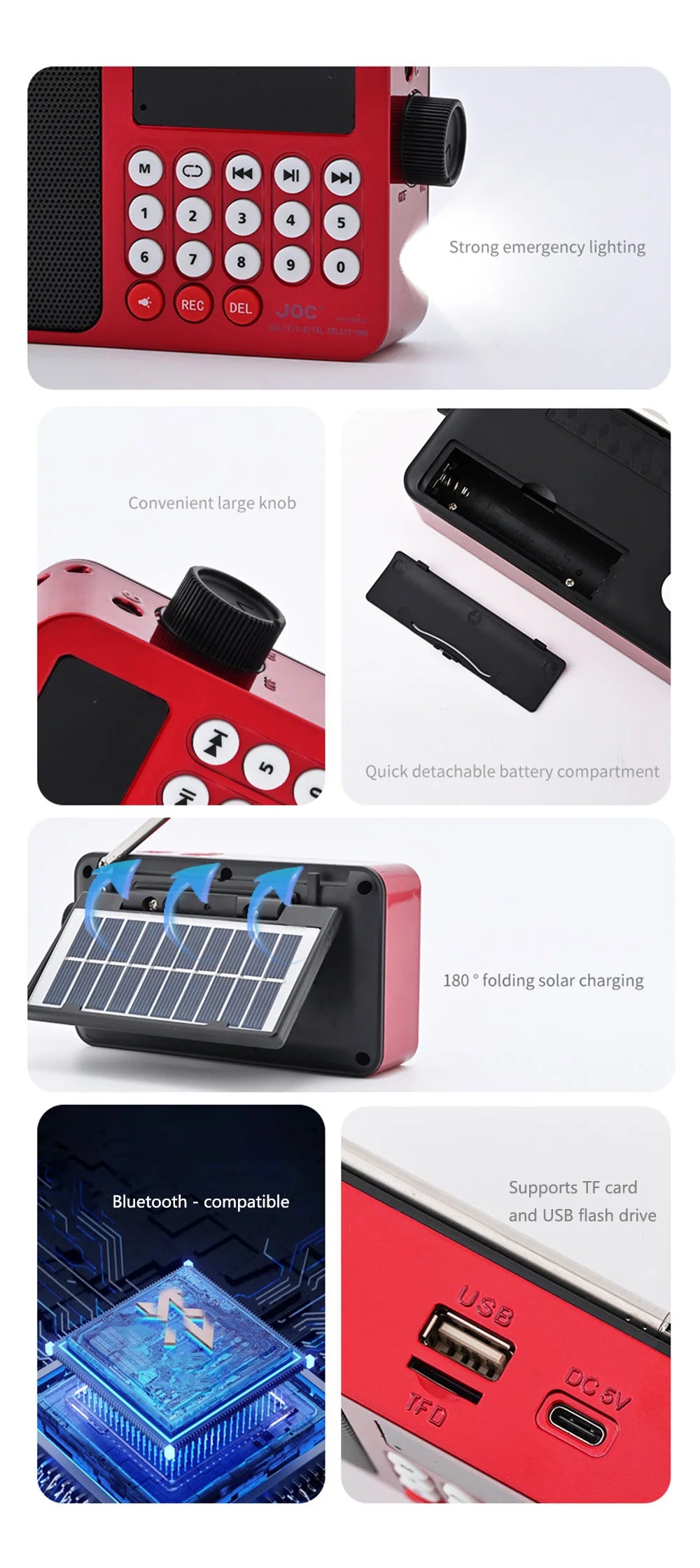 Radio FM Solar, Altavoz Bluetooth portátil con luz LED, compatible con grabación de tarjetas TF, reproducción USB, altavoz inalámbrico, Radio, receptor FM