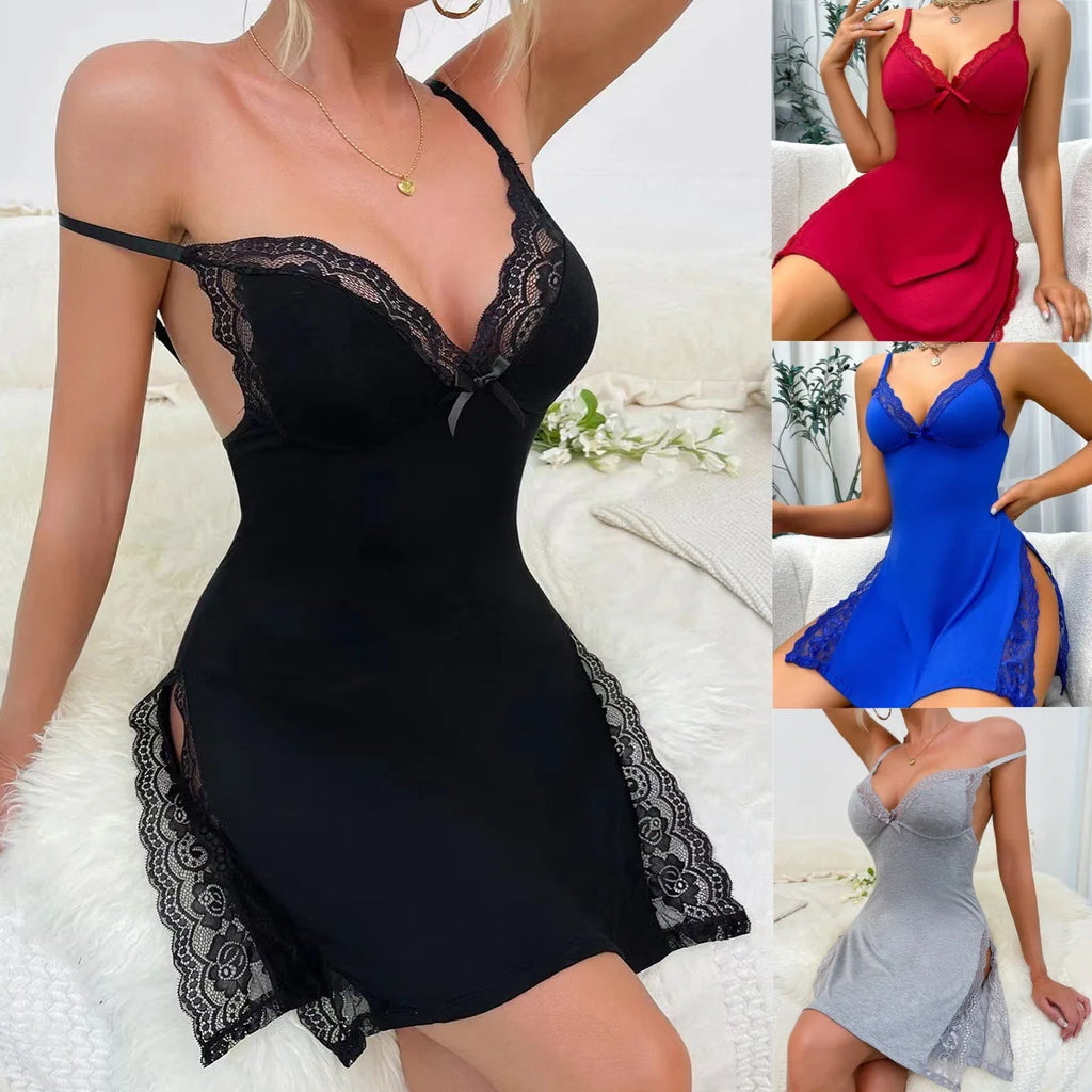 Camisón de Mujer con Encaje, Cuello en V y Abertura Lateral