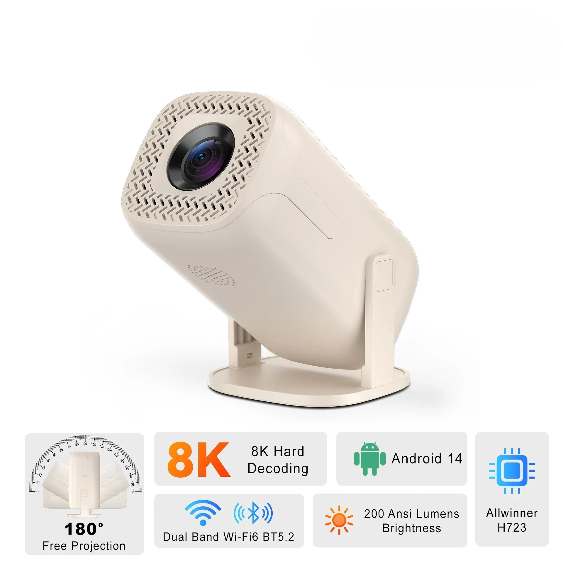 Mini proyector Android 14, decodificación 8K, WiFi6 y keystone automático