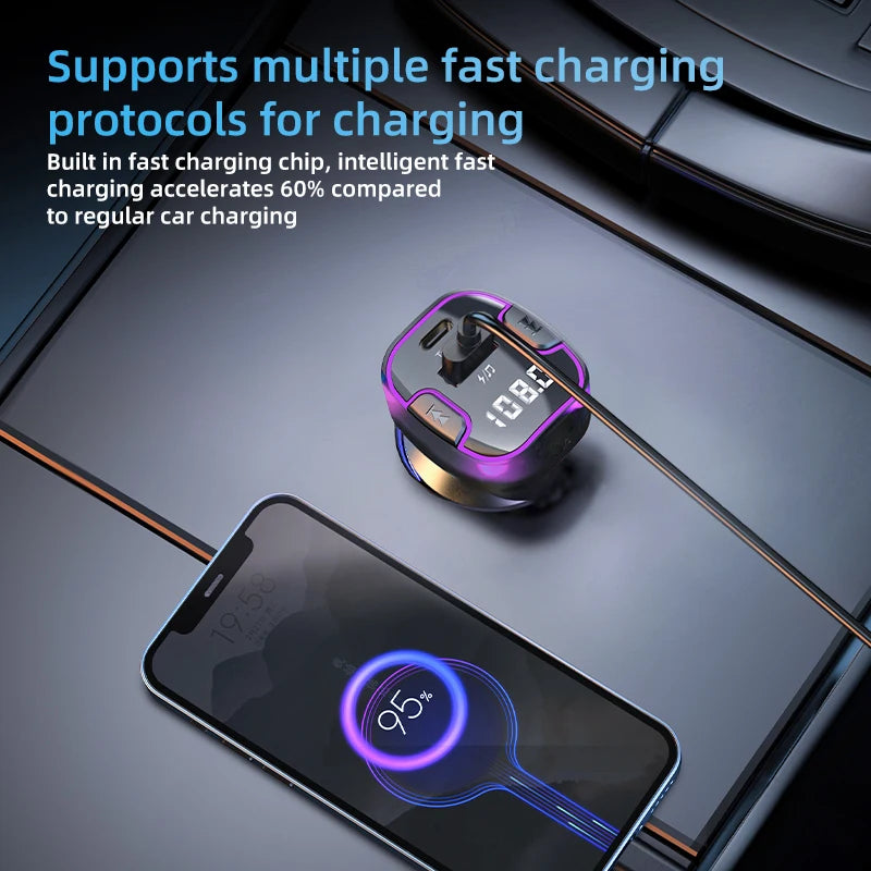 Transmisor FM Bluetooth para Auto Carga Rápida USB-A y Tipo C Manos Libres