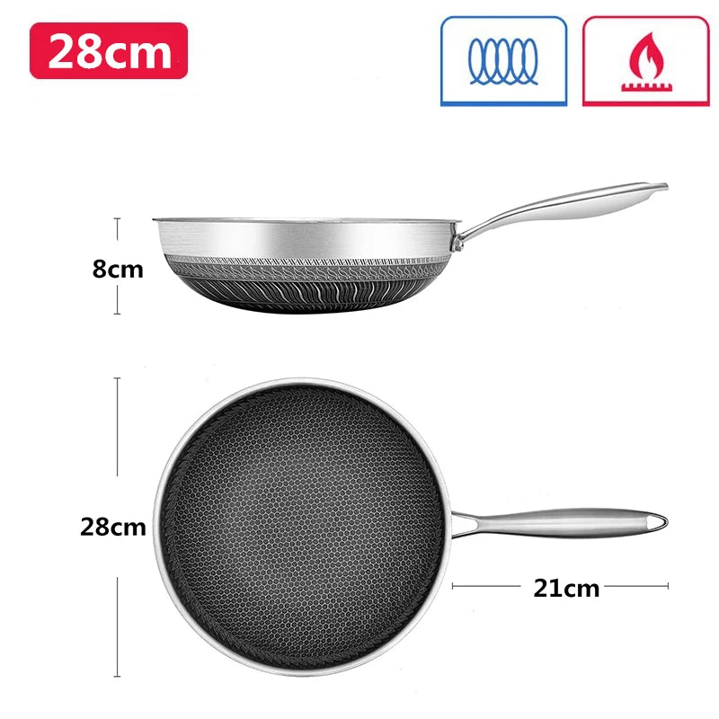 Sartén Wok de acero inoxidable 316, sartén Wok antiadherente de panal, sartén grande para freír con mango, Compatible con inducción JT560