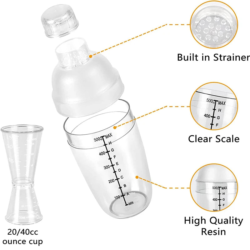 LMETJMA-Juego de coctelera de plástico, mezclador de bebidas con marcador, coctelera transparente y Jigger de medición, taza de onza JT25