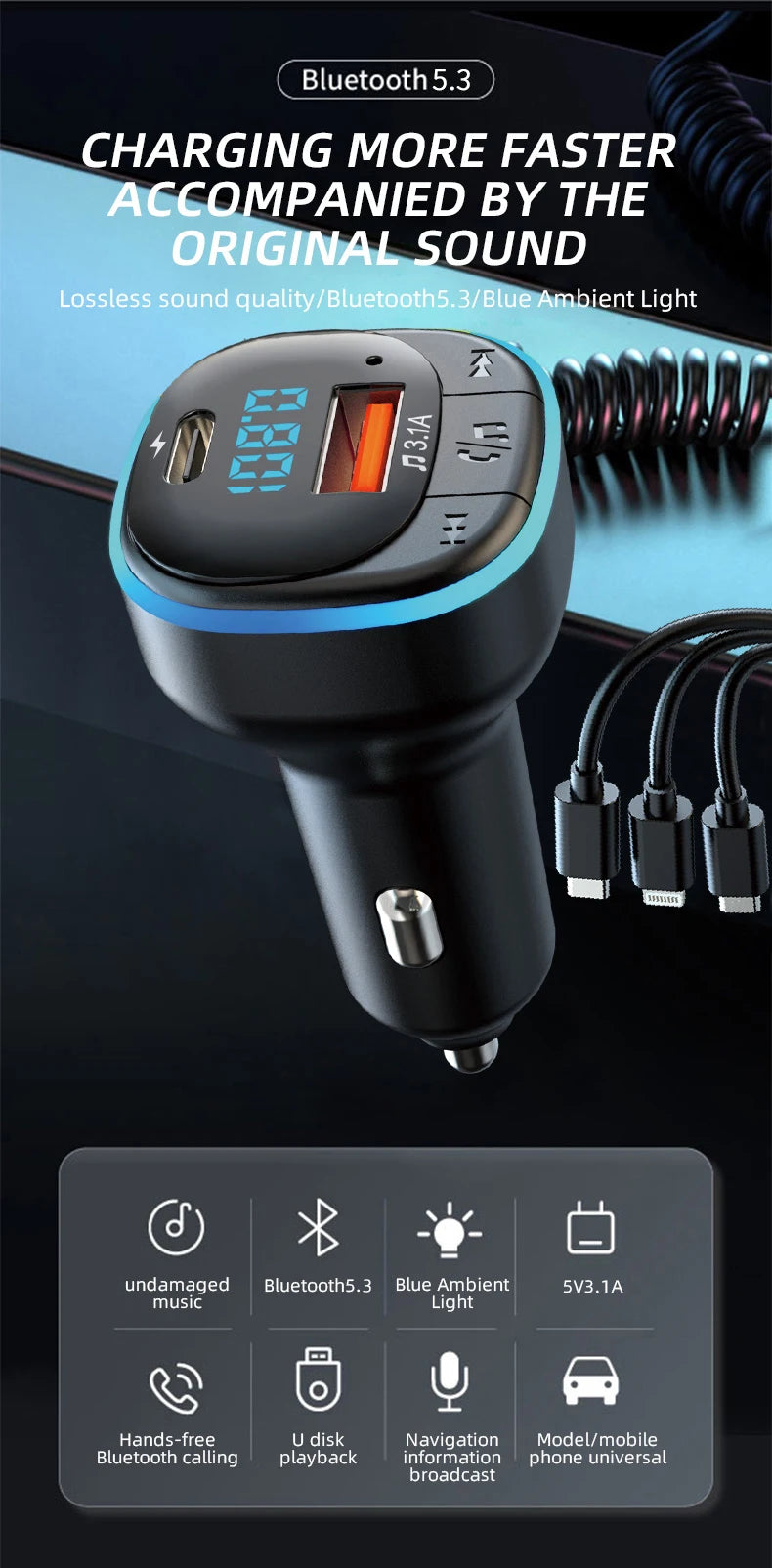 Transmisor FM Bluetooth para Auto con Cargador Dual y Cable 3 en 1