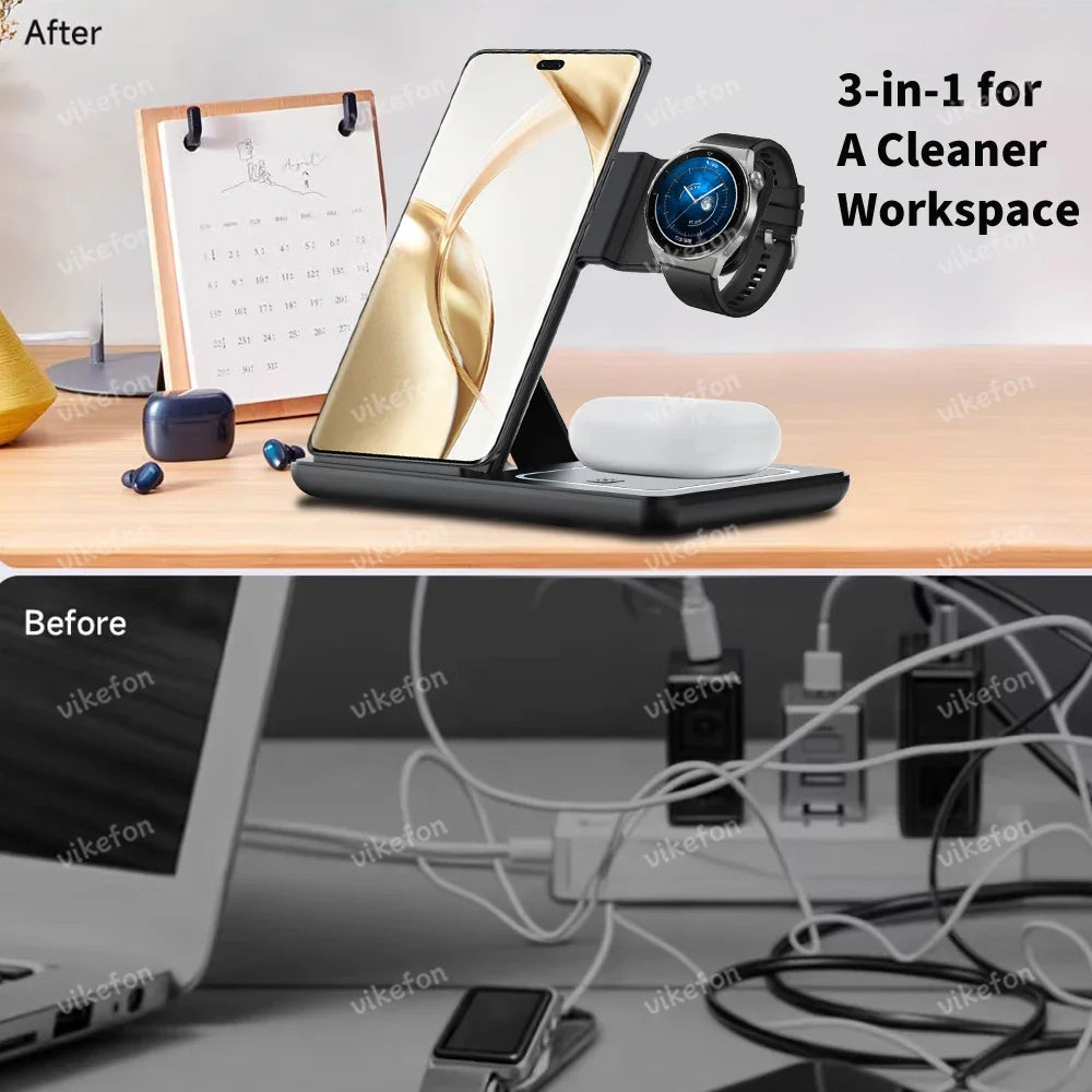 Cargador Inalámbrico 3 en 1 Plegable con LED, Estación de Carga Rápida para Samsung S25 S24 S23 Galaxy Watch 2-9 Active Buds Pro