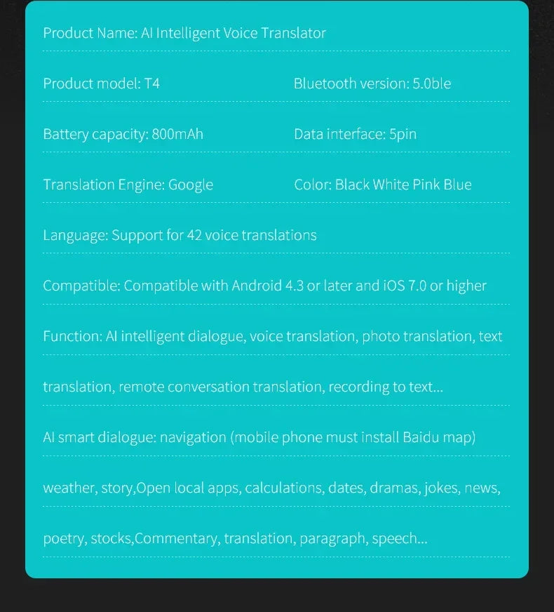 Mini T4 AI Translator Smart Pen Inalámbrico, 40 Idiomas, Compatible con Bluetooth, Portátil, Traducción de Voz Instantánea Bidireccional en Tiempo Real