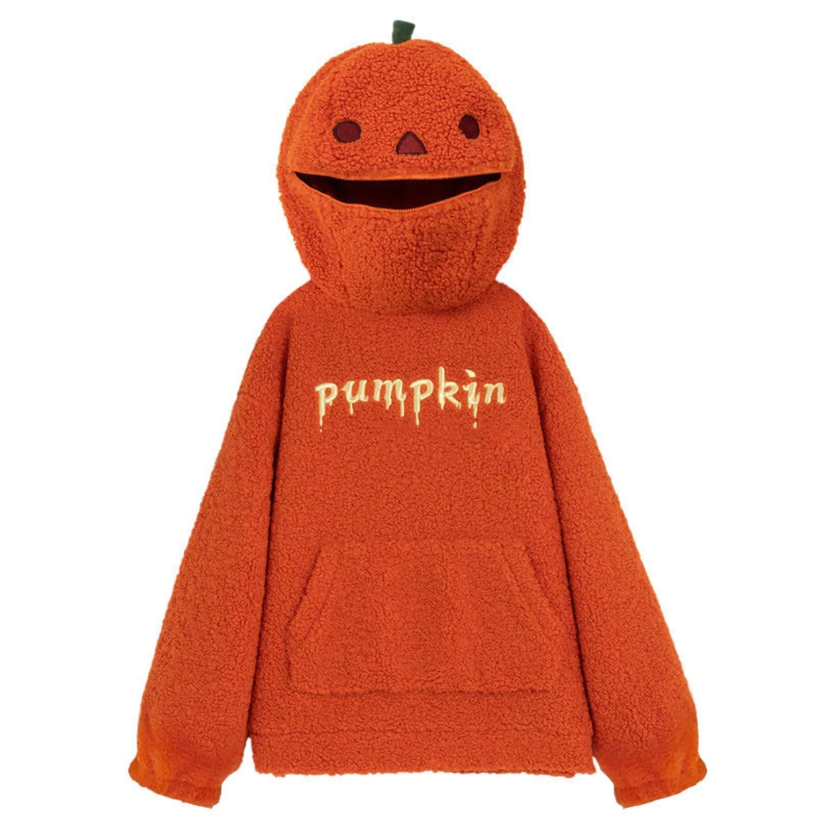 2025 otoño sudaderas con capucha de calabaza fiesta de Halloween cabeza de calabaza polar de cordero mujeres Sudadera con capucha bordado ropa de calle gruesa