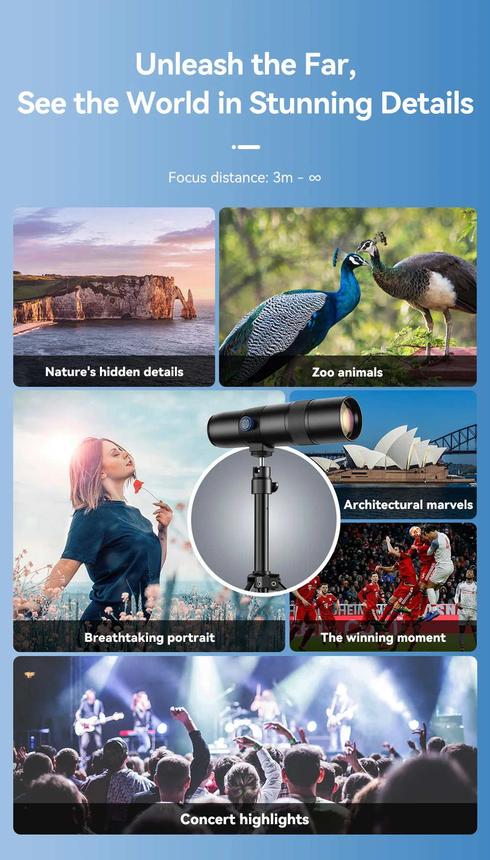APEXEL Teleobjetivo Monocular 30x con Trípode para Teléfono