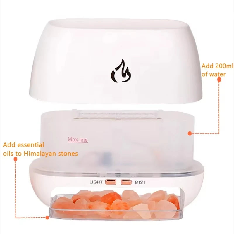Nuevo Humidificador de aire con Aroma de fuego y llama 3D, piedra de sal de cristal del Himalaya, luz nocturna colorida, difusor de aceite esencial de aromaterapia