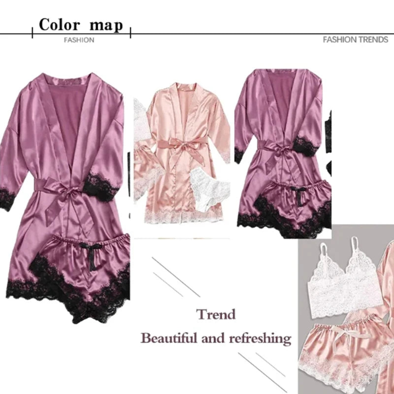 Conjunto de pantalones de pijama sexys de verano para mujer, 4 piezas de satén de encaje con bata de dormir de seda, ropa de dormir cómoda y a la moda